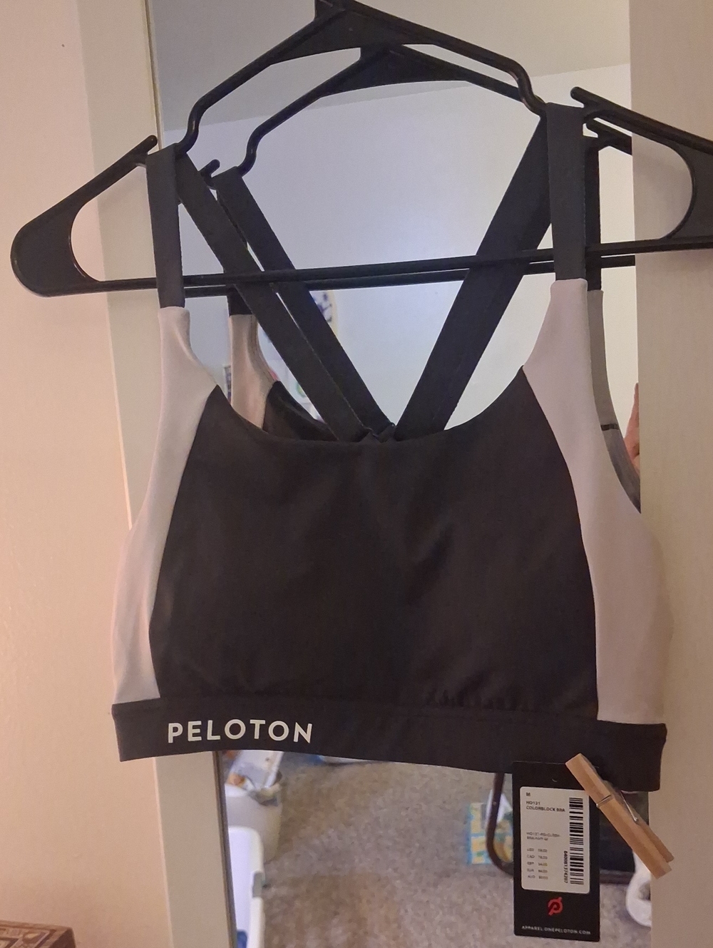 Peloton Black and Light Pink Womens Sports Bra with Cross-Back Straps
